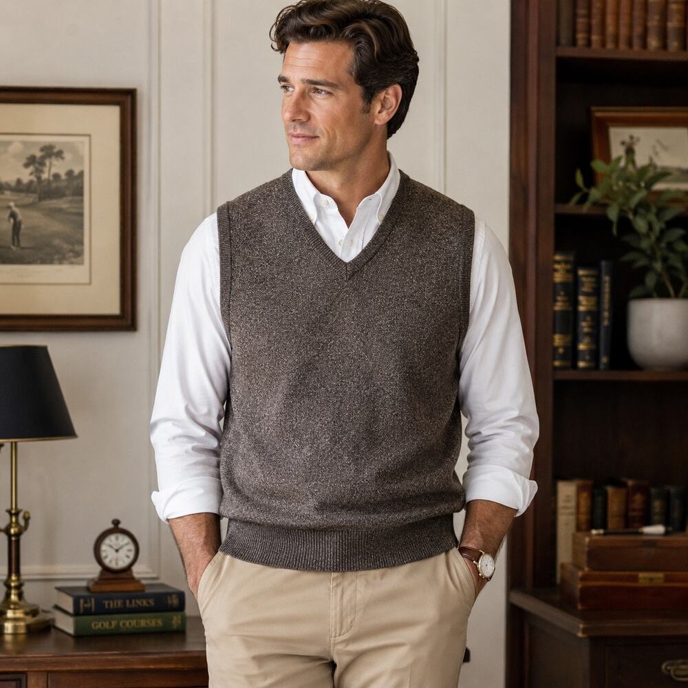 Vintage Joey Rodolfo Merino Wool Sweater Vest XL Brown Gray Marled V Neck